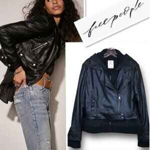 Free People Black Hooded Sweatshirt Leather Moto Jacket